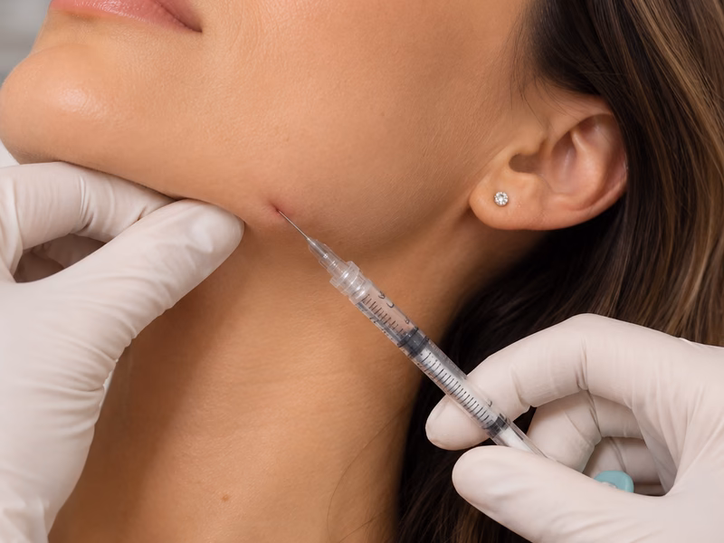 A practitioner performing a jaw filler treatment